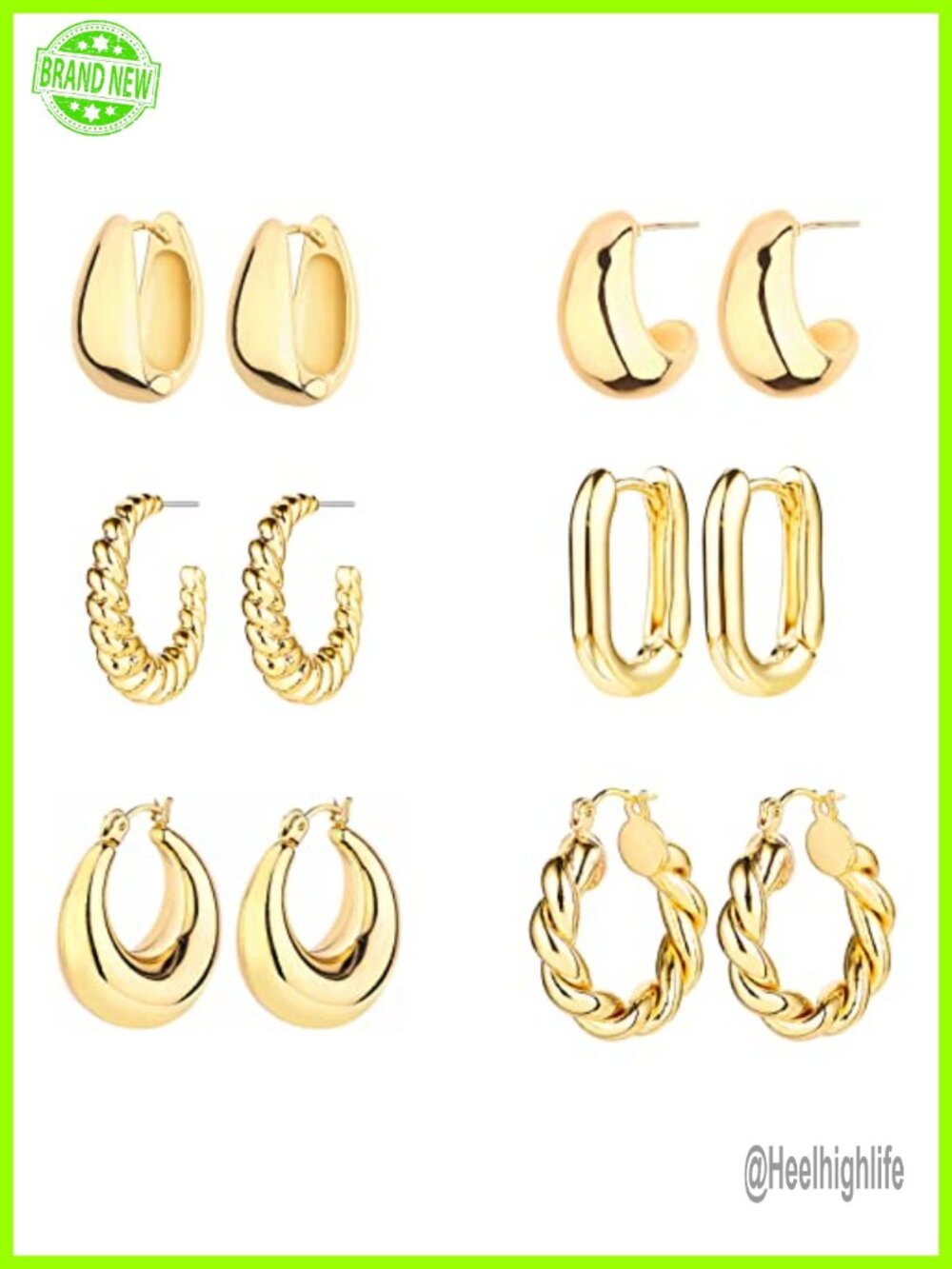 6 Pairs 14K Gold Plated Hoop Earrings for Women Lightweight Chunky Huggie Hoops
